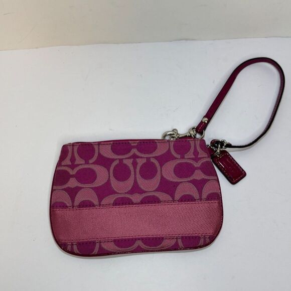 COACH Pink Color Signature Monogram Stripe Silver Metallic Wristlet Wallet - Picture 2 of 4